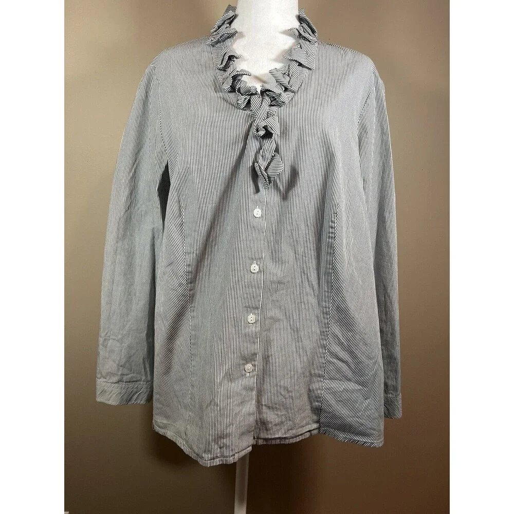 Talbots Women’s Blue White Pinstripe Ruffle Collar Button Front Blouse Size 1X - Picture 1 of 9